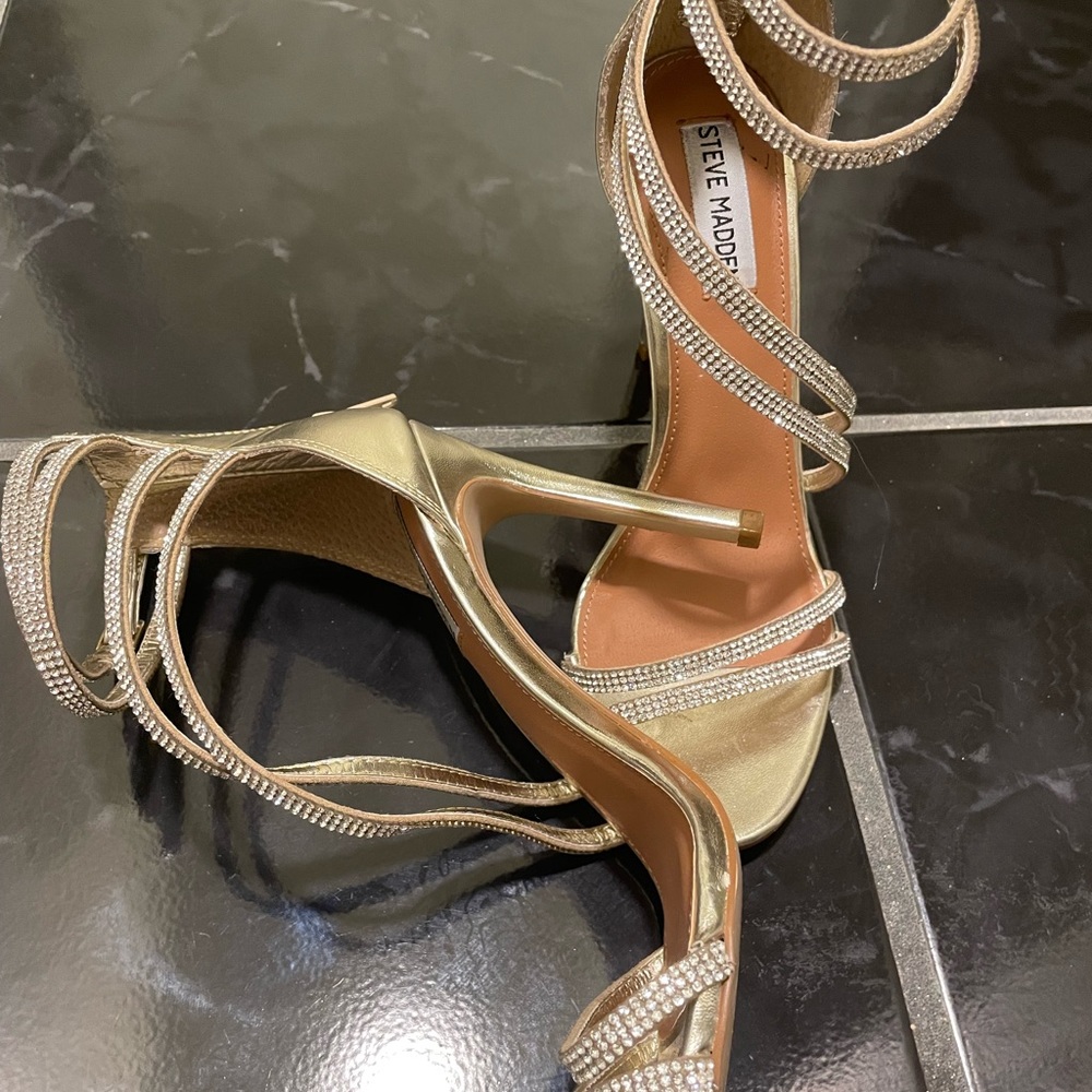 Steve Madden Metallic gold and rhinestone heel.